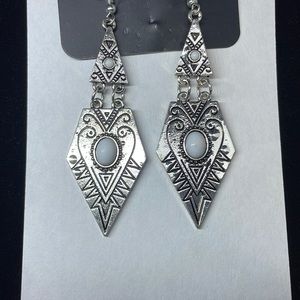 White Aztec-Like Dangly Earrings